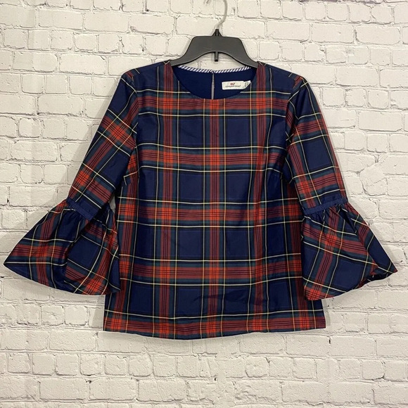NWT Vineyard Vines Womens Shirt 14 Jolly Plaid Bell Sleeve Taffeta Preppy - Picture 1 of 5